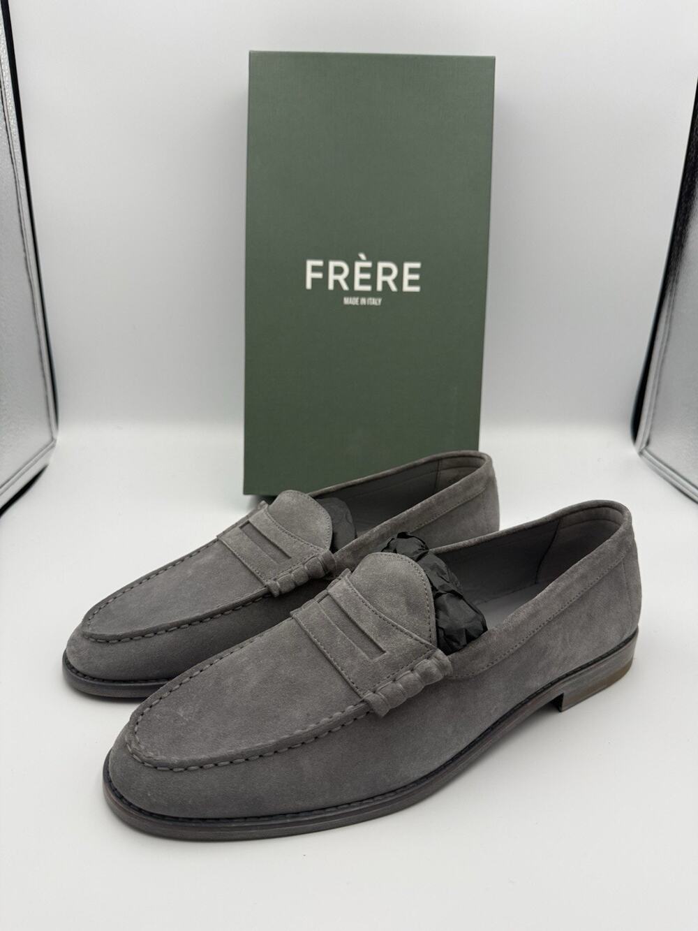NIB FRERE Mens Suede Penny Loafers Grey Made in Italy EU 42 US 9